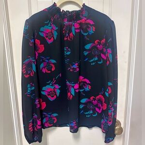J. Crew Black Blouse with Pink & Teal Floral Print Women’s M